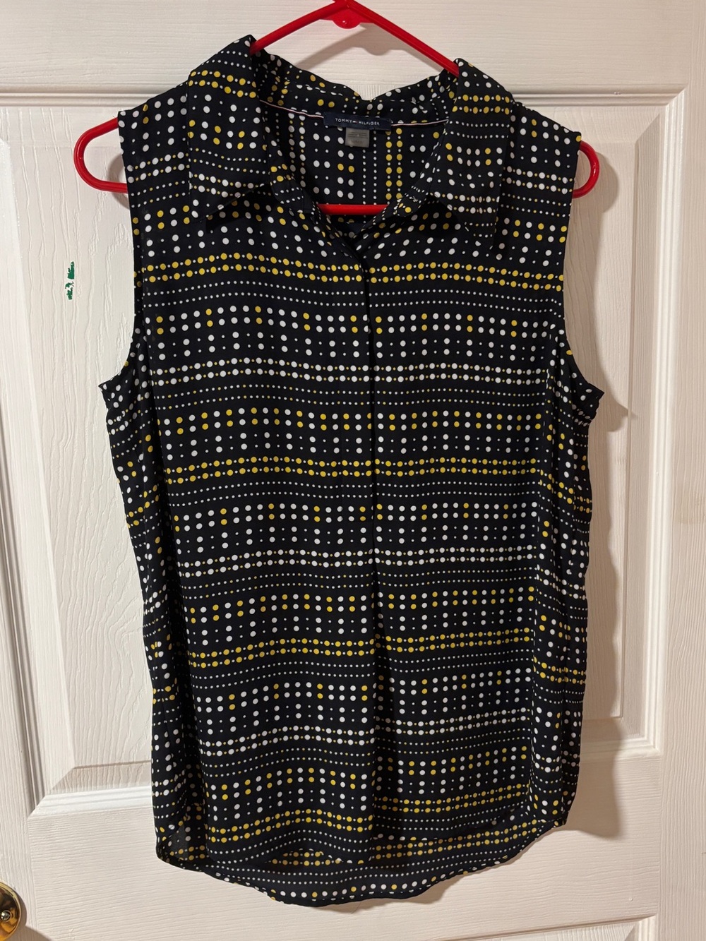 Tommy Hilfiger Black Sleeveless Yellow & White Dot-Stripe Button Front Blouse M